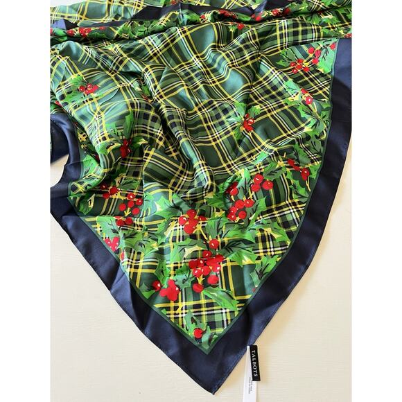 Talbots 100% Silk Scarf Christmas Holly & Tartan Plaid Green Navy 34” Square - Picture 3 of 12